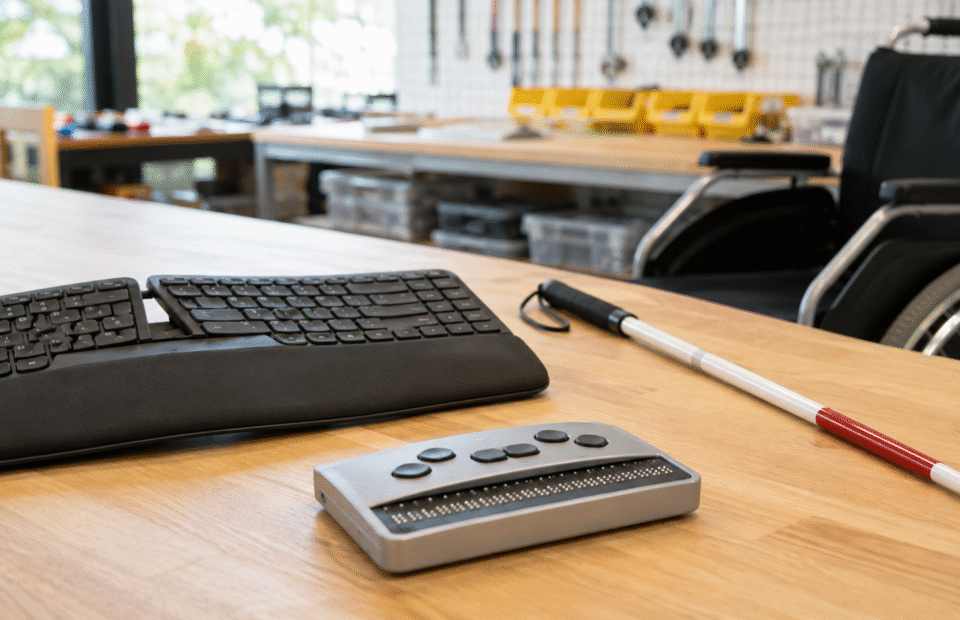 KI-generiertes Symbolbild für assistive Technologien mit Tastatur, Braillegerät, Langstock und Rollstuhl.