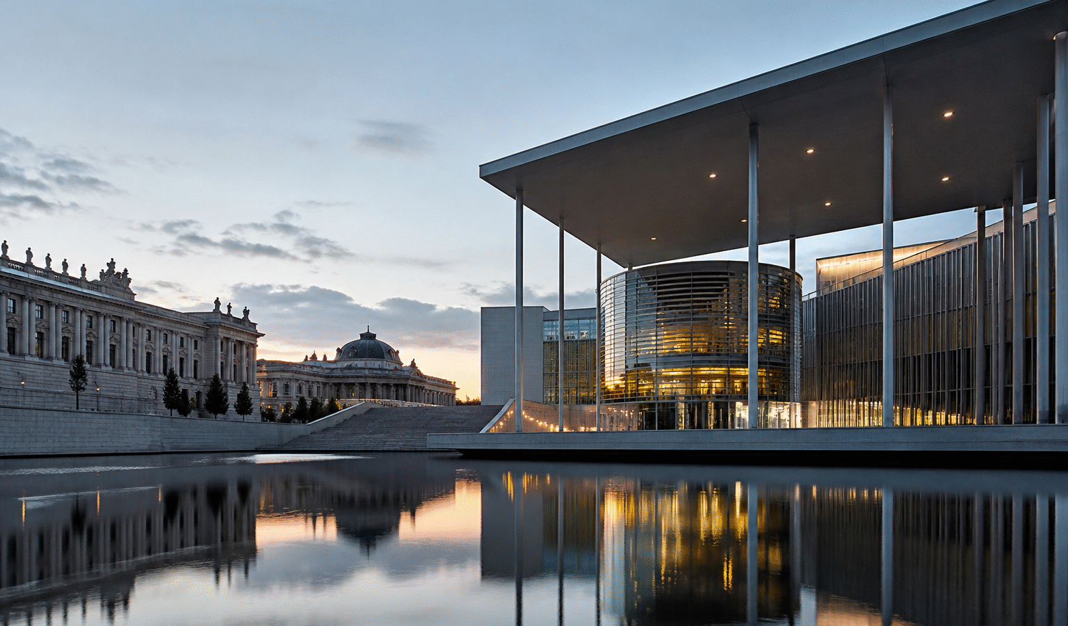 KI-generiertes architektonisches Symbolbild für politische Debatten; kein realer Veranstaltungsort.