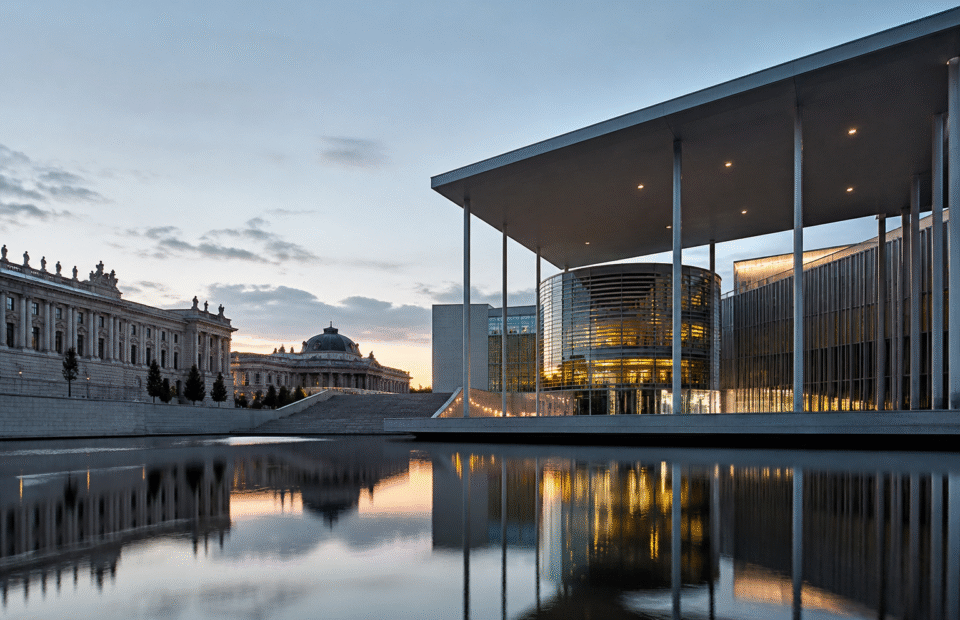KI-generiertes architektonisches Symbolbild für politische Debatten; kein realer Veranstaltungsort.