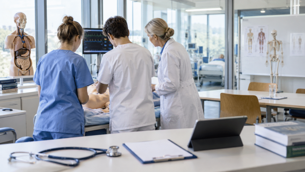 KI-generiertes Symbolbild: medizinische Auszubildende und Mentorin arbeiten gemeinsam in einem klinischen Simulationsraum.