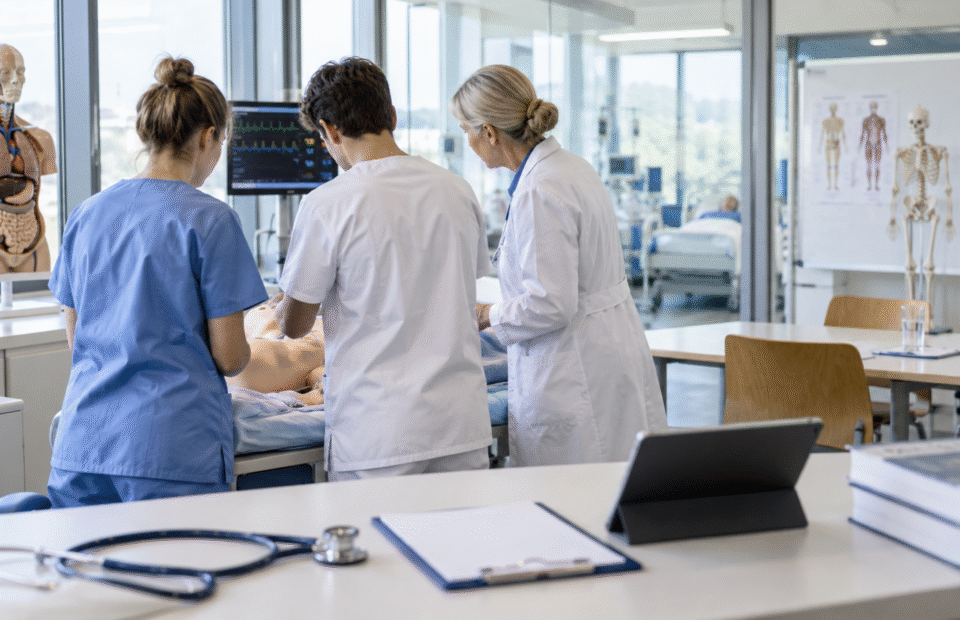 KI-generiertes Symbolbild: medizinische Auszubildende und Mentorin arbeiten gemeinsam in einem klinischen Simulationsraum.