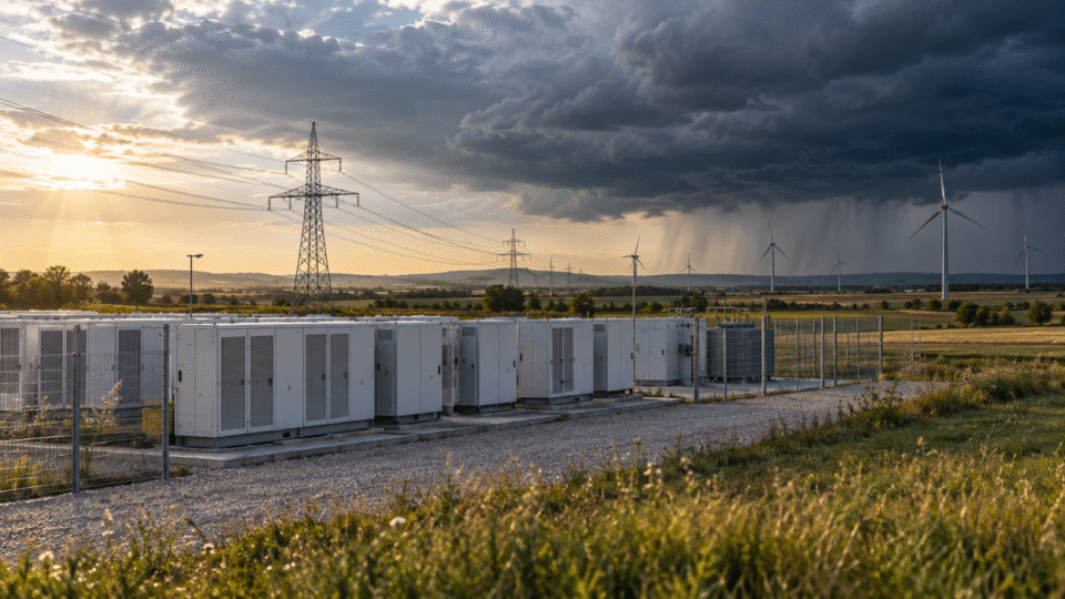 KI-generiertes Symbolbild: Batteriespeicher, Stromnetz und Windkraftanlagen in einer ländlichen Landschaft im Burgenland.