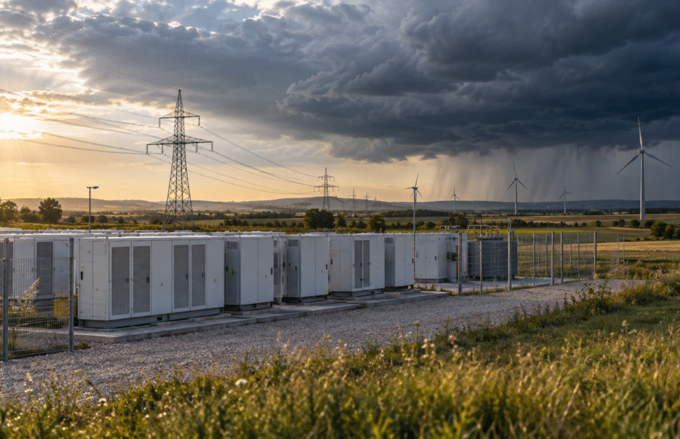 KI-generiertes Symbolbild: Batteriespeicher, Stromnetz und Windkraftanlagen in einer ländlichen Landschaft im Burgenland.