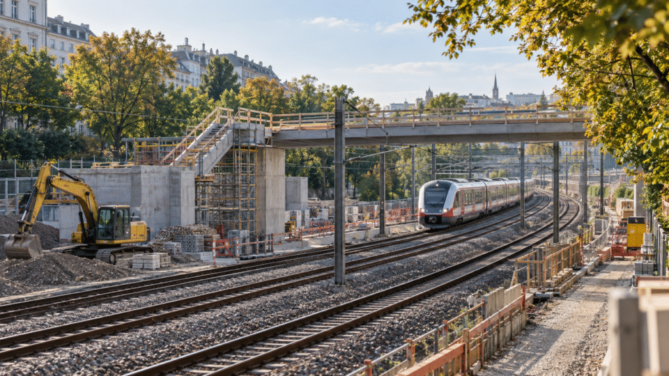 KI-generiertes Symbolbild: städtische Bahnstrecke mit Zug, Baustelle und neuem Fußgängersteg in Wien.