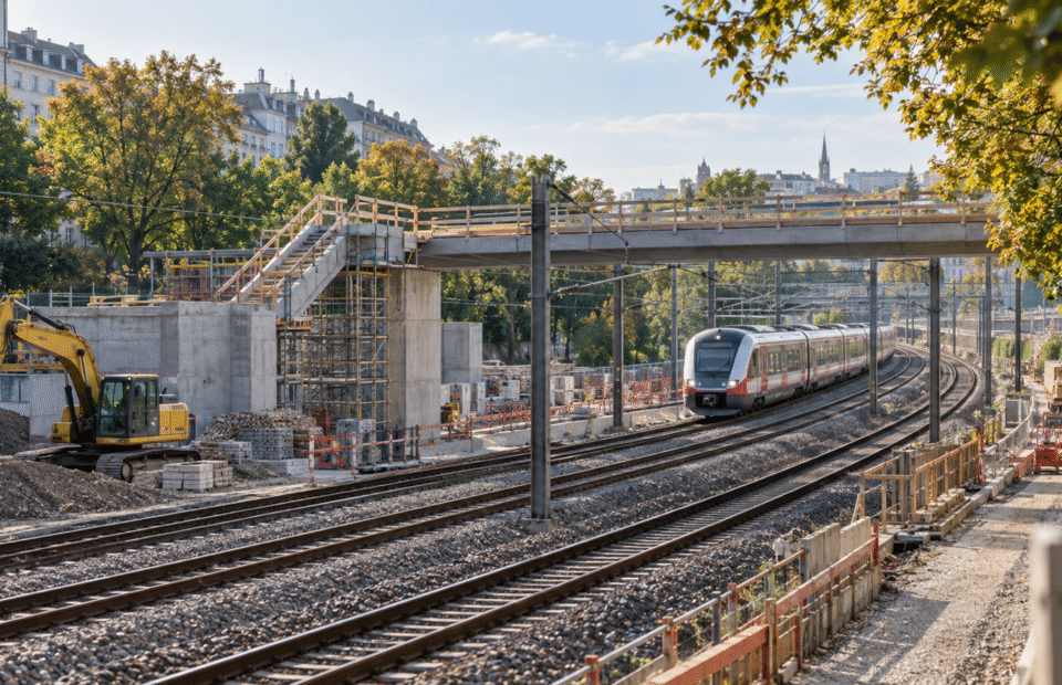 KI-generiertes Symbolbild: städtische Bahnstrecke mit Zug, Baustelle und neuem Fußgängersteg in Wien.