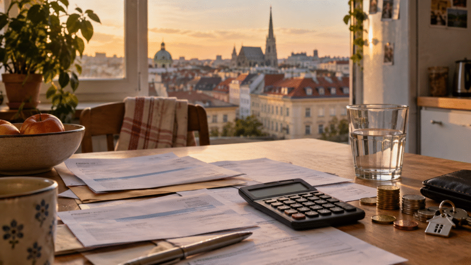 KI-generiertes Symbolbild: Rechnungen, Taschenrechner, Münzen und Wasserglas auf einem Küchentisch vor Wiener Stadtkulisse.