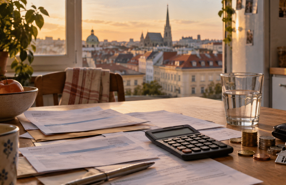 KI-generiertes Symbolbild: Rechnungen, Taschenrechner, Münzen und Wasserglas auf einem Küchentisch vor Wiener Stadtkulisse.