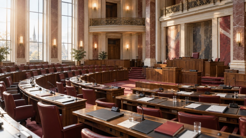 KI-generiertes Symbolbild: leere parlamentarische Kammer als Darstellung einer politischen Debatte im Wiener Landtag.
