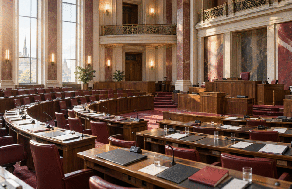 KI-generiertes Symbolbild: leere parlamentarische Kammer als Darstellung einer politischen Debatte im Wiener Landtag.